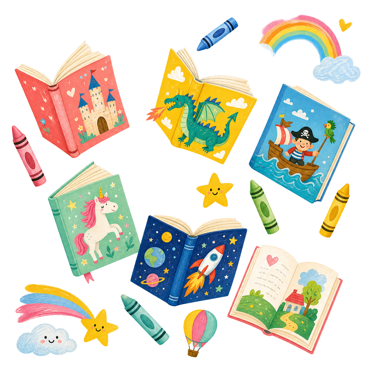 Colourful storybooks, crayons and rainbows